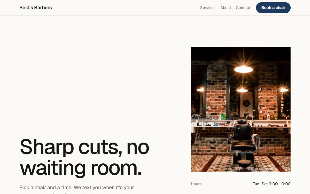The Reid’s Barbers booking site as Anticode built it: the headline “Sharp cuts, no waiting room.”, a photograph of a barber's chair and the opening hours
