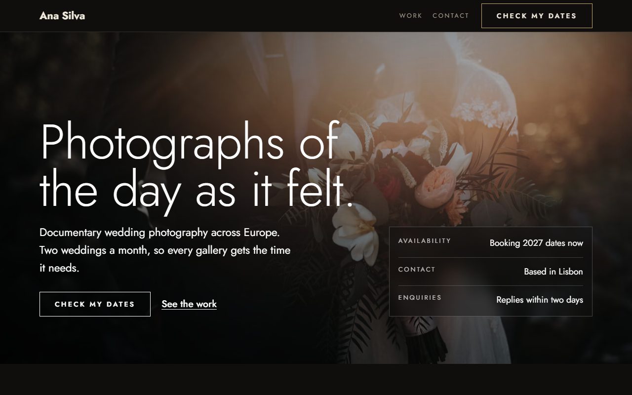 Ana Silva's portfolio as Anticode built it: the headline “Photographs of the day as it felt.” over a full-width photograph of a bridal bouquet, with a Check my dates button and availability details